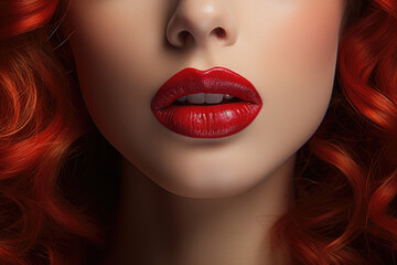 Beauty red lips makeup, sensitive mouth close-up - obrazy, fototapety, plakaty