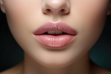 Naklejka premium Beautiful lips with pink lipstick makeup closeup