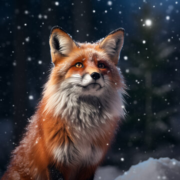 Portrait of a red fox in a snowy night