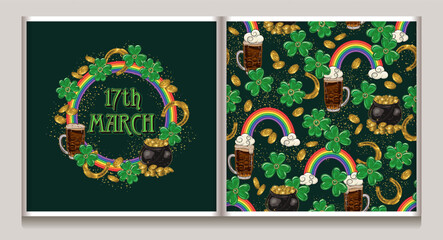 Circular St Patricks Day label, pattern with pot full of gold treasures, golden horseshoes, green clover leaves, rainbow, glass of dark beer, golden dust. Vintage style