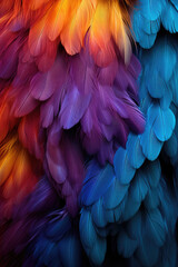Colorful feathers background texture close up. Vertical orientation