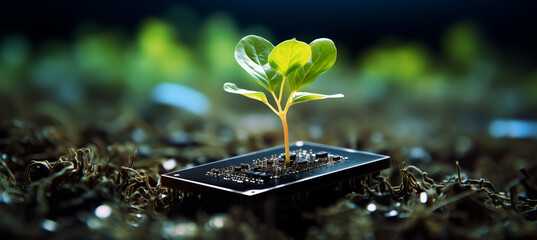 Sprout growing from a circuit board. Sustainability. Environmental technology