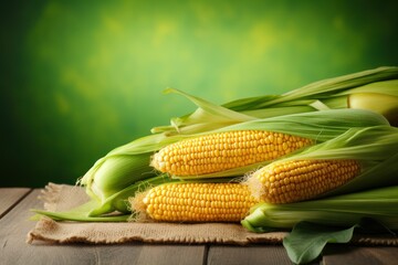  a close up of corn on the cob on a piece of cloth on a wooden table with a green background. - obrazy, fototapety, plakaty