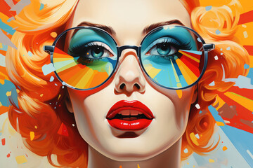 Beauty portrait of a woman in sunglasses in pop art style - obrazy, fototapety, plakaty