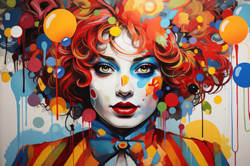 Woman clown with colored makeup, pop art illustration style
