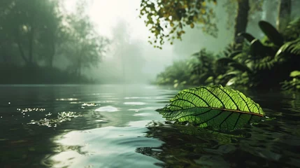 Fotobehang A 3D-rendered river scene with a vibrant green leaf in the foreground, delicately perched on the water's surface, and a misty, foggy background that adds a touch of mystery and serenity. © Bryam