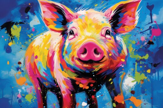  a painting of a pig with paint splatters on it's face and a blue sky in the background.
