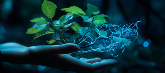 A hand holding  nature and technology as one. Environmetal tech. 