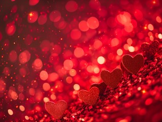 Red hearts on red background, bokeh effect, Valentines day background banner.