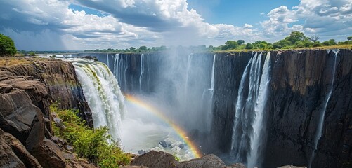 A breathtaking panorama captures the essence of Victoria Falls in Zimbabwe, where the waters thunder down, and a rare vertical rainbow graces the scene with its vibrant hues.