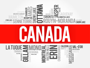 List of cities and towns in Canada, word cloud collage, business and travel concept background