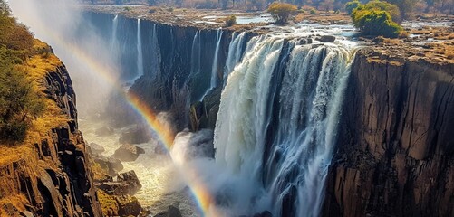 A breathtaking panorama captures the essence of Victoria Falls in Zimbabwe, where the waters thunder down, and a rare vertical rainbow graces the scene with its vibrant hues. - obrazy, fototapety, plakaty