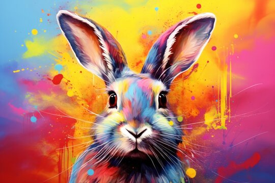  a painting of a rabbit's face with colorful paint splattered on it's face and ears.