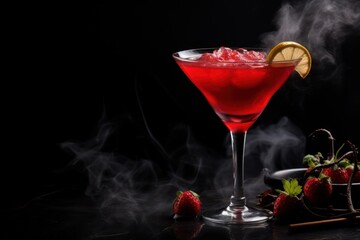  a close up of a drink in a glass on a table with strawberries and smoke coming out of it.