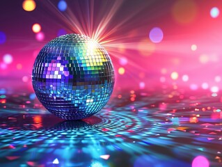 Rainbow disco ball on vibrant backdrop with sparkling rainbow lights, ideal for dance club and party. Retro 80s 90s vibe