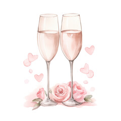 Watercolor Two Champagne Glasses Flutes with Roses leaves flowers Valentine's Day, Engagement, Wedding, Celebration, Illustration Isolated Graphic