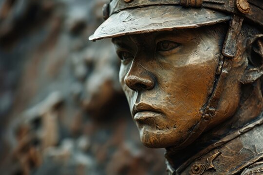 Monument to a Chinese soldier. Chinese soldier portrait. Symbol of China realistic detailed photography texture