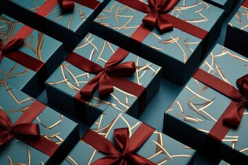  a group of blue gift boxes wrapped in red and gold paper and tied with a red ribbon and a bow.