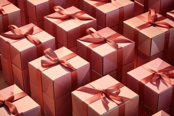  a large group of pink gift boxes with a red ribbon on each of them and a red bow on the top of each of the boxes.
