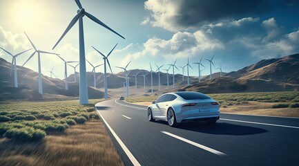 Electric vehicle traveling on a windmill road. - obrazy, fototapety, plakaty