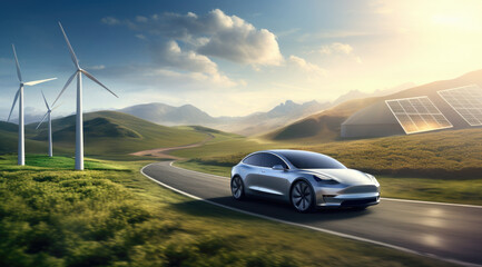 Electric vehicle traveling on a windmill road. - obrazy, fototapety, plakaty