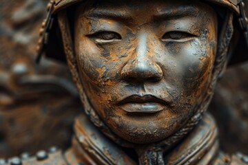 Fototapeta na wymiar Monument to a Chinese warrior. Chinese soldier portrait close up Symbol of China realistic detailed photography texture