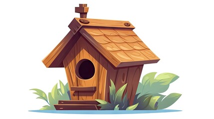 rustic charm of a wooden birdhouse with a roof and hole on a white background.