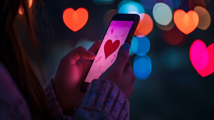 Fototapeta na wymiar Romantic Messaging on Smartphone with Heart Emojis Overlaid on Bokeh Light Background