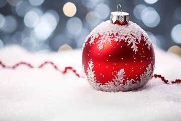  a red ornament sitting on top of a white snow covered ground next to a red and white ribbon.