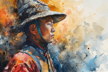 Chinese soldier warrior portrait Illustration. Soldier of China watercolor colors Illustration