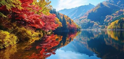 A picturesque scene of summer in Japan, with colorful trees lining the shores of a mountain lake,...