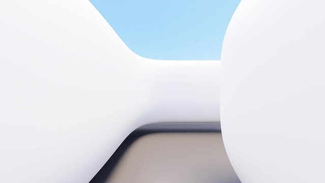 Camera going through white abstract maze with rounded hovering walls. 3d 4k looping animation