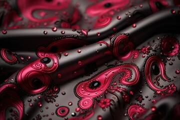  a close up of a red and black tie with drops of water on the top of the tie and on the bottom of the tie.