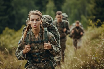  women in camouflage running through a field, in the style of strong facial expression