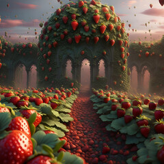 Strawberry field from a fairy tale. Strawberries in the garden from a fairy tale. A fictional scene, a fantasy. Ai generated