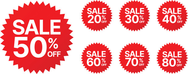 Red Price tags, special offer or shopping discount label with percent, discount. 20, 30, 40, 50, 60, 70, 80 percent price. Paper sticker. Promotional sale. Vector illustration.