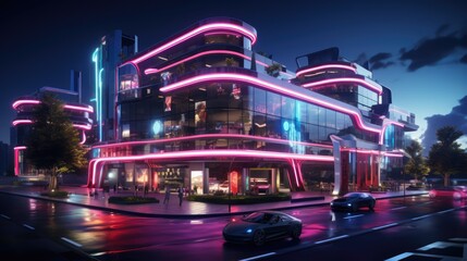  luxury casino , exterior view, neon colors