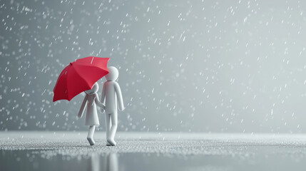 A couple of white stick figure is taking a walk while rain with a red umbrella. Generative AI