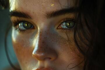 Intense close-up portrait of a woman with piercing green eyes, conveying depth and emotion.