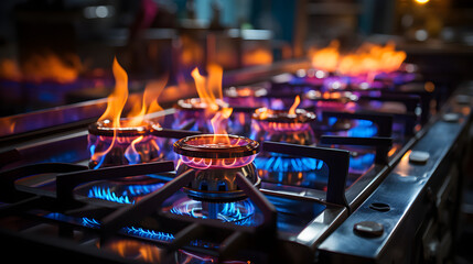 A tightly focused image capturing the intense blue flames of a propane gas stove burner in a home kitchen - obrazy, fototapety, plakaty