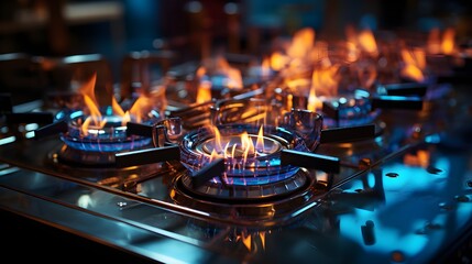 A tightly focused image capturing the intense blue flames of a propane gas stove burner in a home kitchen