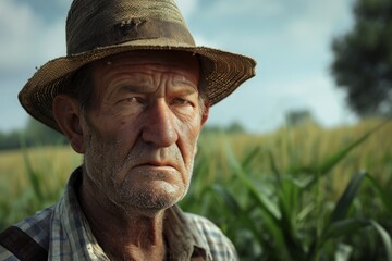 Fototapeta premium Elderly farmer with weathered features stands amidst a cornfield, capturing the essence of rural life and seasoned wisdom.