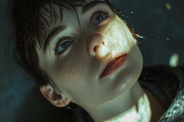 Fototapeta premium Youthful face in shadow and light, creating a dramatic and emotive portrait with a captivating gaze.