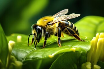  a bee sitting on top of a green leaf covered in lots of yellow and black markings on it's wings. - Powered by Adobe