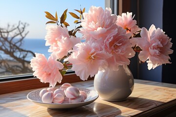  a white vase filled with pink flowers next to a white plate with pink candies on a window sill.