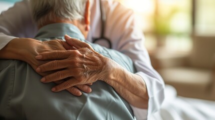 Senior mature doctor or medical caregiver hugging embrace give encourage to senior male patient in clinic - obrazy, fototapety, plakaty