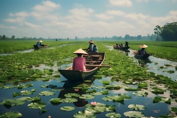 high angle view Farm harvesting lotus by boat in swamp