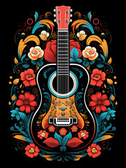 T-shirt design, a striking graphic of a guitar, split down the middle, with one half rendered in flat colors and bold lines created with Generative Ai