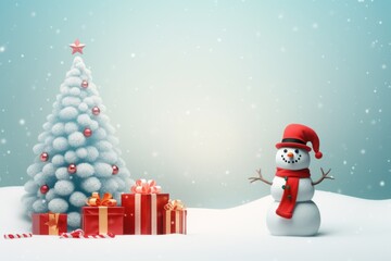  a snowman in a red hat and scarf next to a christmas tree with a snowman next to it.