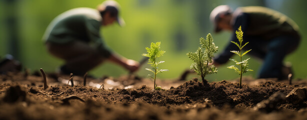 People helping the reforestation of a area. Forests. Botany. Outdoors